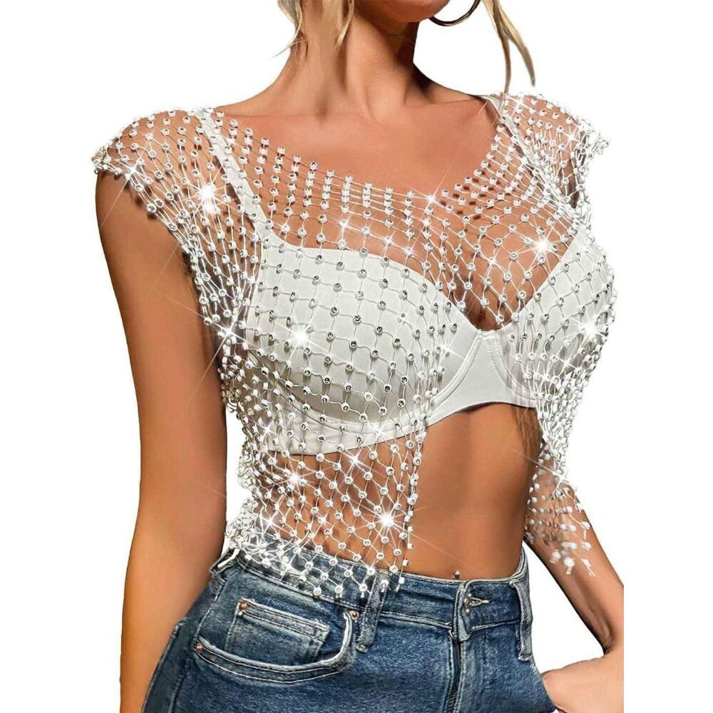 Women Mesh Rhinestone Top Sheer Crop Party Beach Nightclub White Medium